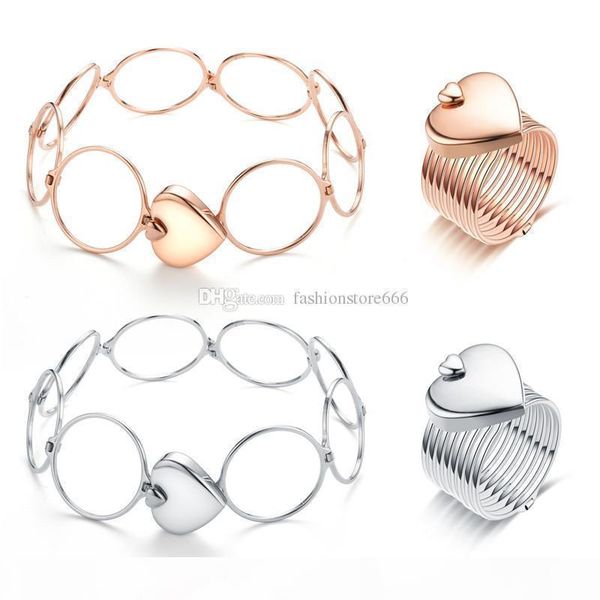 

wedding love rings for women girls stainless steel telescopic ring and bracelet 2 in 1 rose gold silver gold heart jewelry wear