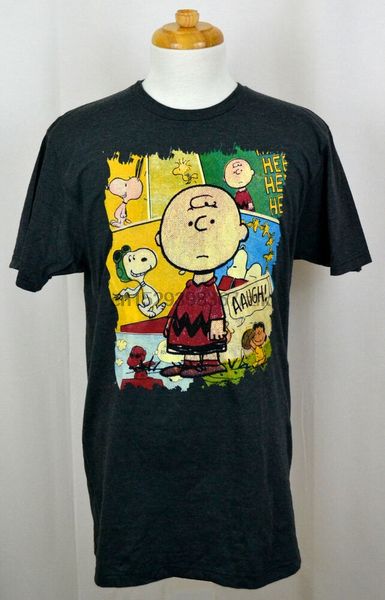 

charlie brown t-shirt peanuts comic strip panels graphic tee dark hthr gray nwt