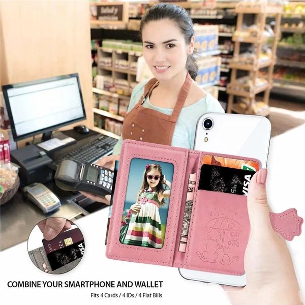 

universal back phone card slot 3m sticker leather for iphone 12 11 xr s20 note20 cat dog pouch stick on wallet cash id credit holder case