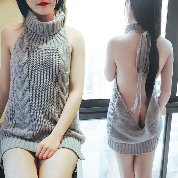 

2019 summer new turtleneck sleeveless long virgin killer sweater japanes knitted backless women sweaters and pullovers, White;black