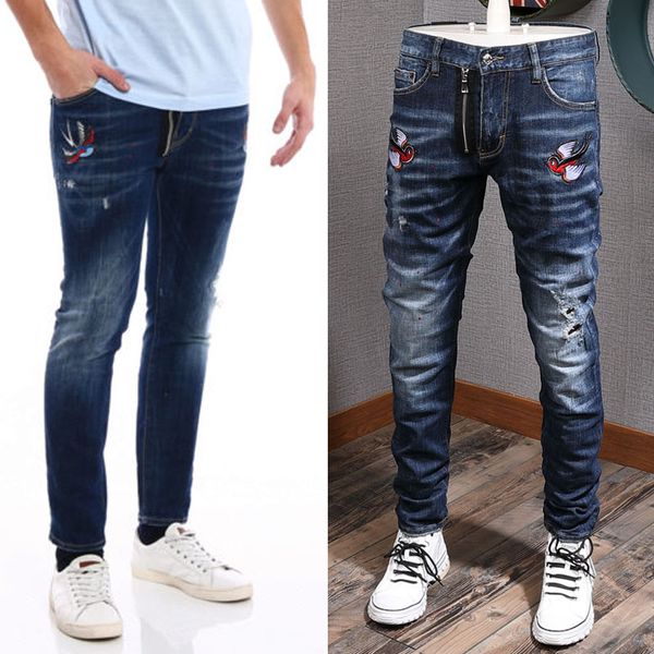 

color painted jeans men damage wash pencil leg skinny fit american euro fashion denim pants guy, Blue