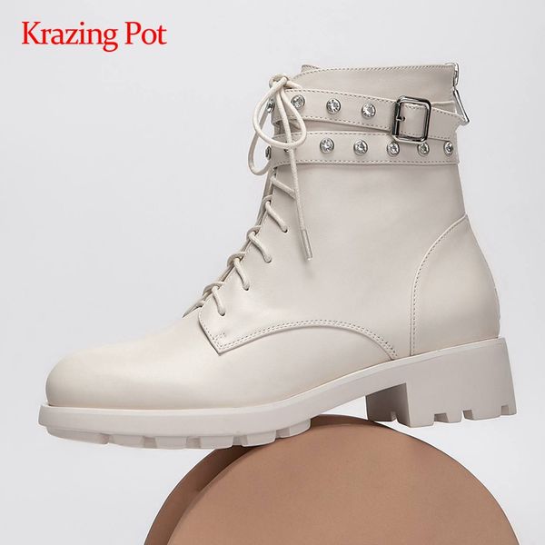 

krazing pot motorcycle boots genuine leather buckle decorations round toe thick med heel zipper handsome punk ankle boots l55, Black