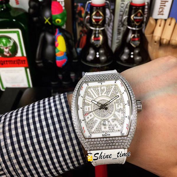 

new 42mm vanguard v45 automatic mens watch rose gold all diamond case white inner diamond dial 3d number markers rubber watches shine_time, Slivery;brown