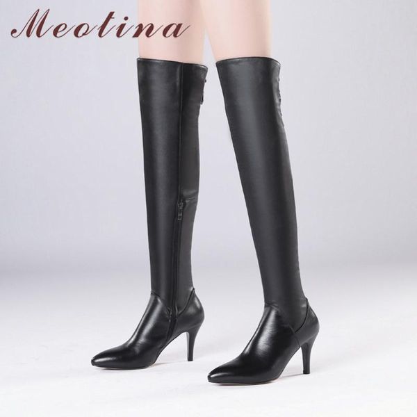 

meotina over the knee boots women shoes genuine leather high heel long boots pointed toe thin heels rivet zip lady winter, Black