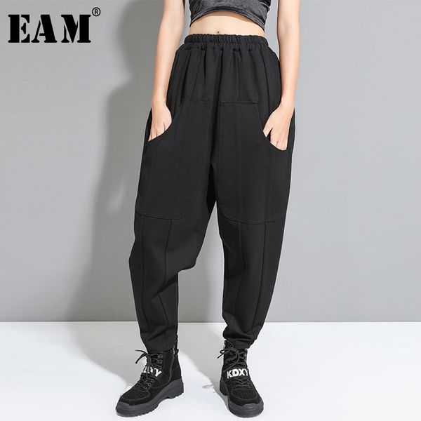 

eam] high elastic waist black pocket trousers new loose fit harem pants women fashion tide all-match spring autumn 2020 1a940, Black;white