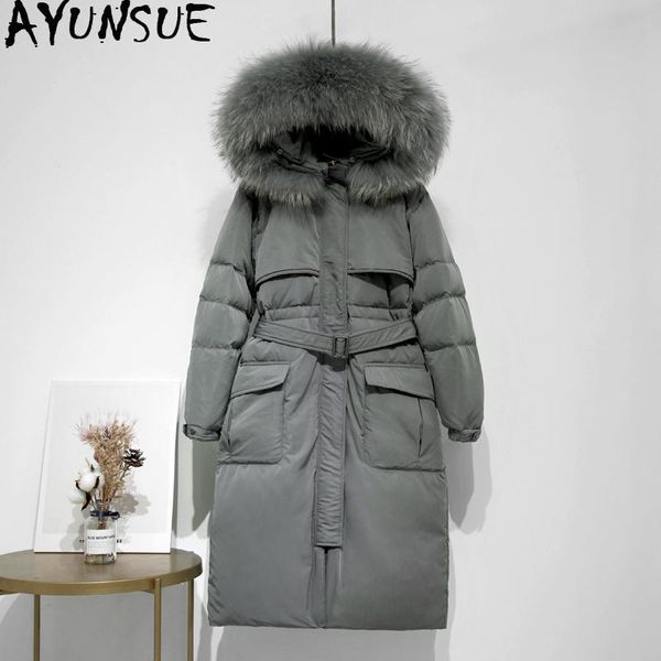 

long white duck down jacket women hooded winter coat raccoon collar thick korean female jacket 2019 ktl-5260 kj3723, Black