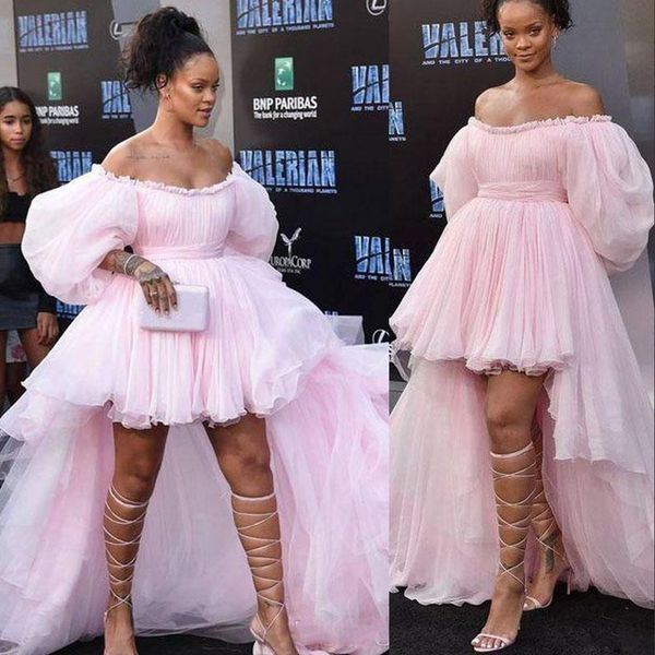 

new baby pink ball gown prom dresses off shoulder tulle poet sleeves formal evening dress wear high low party gowns celebrity dresses, Black