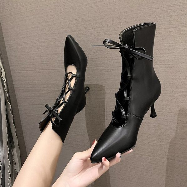 

lace up boots booties ladies shoes boots-women luxury designer rubber autumn leather ankle elegant 2020 pointy fashion high, Black