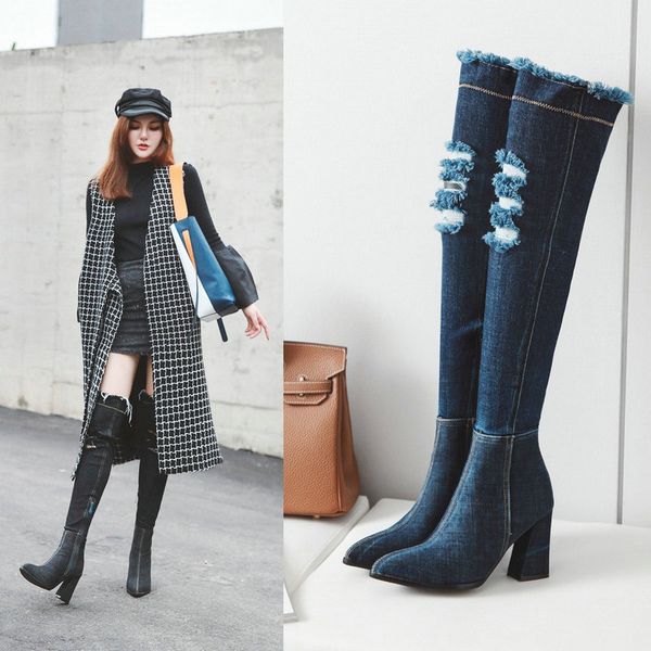 

2020 женщины новые hollow из заостренный toe over knee джинсовый гладиатор сапоги длинный толстый высокий каблук жан сапоги обувь размер 42, Black