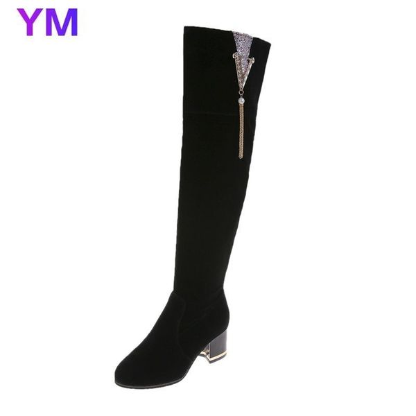 

autumn/winter 2020 korean version of round toe high-heeled chunky 6cm high-heeled over-knee side zipper suede ladies shoes, Black