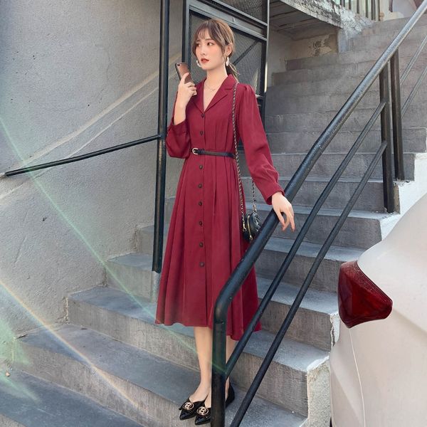 

long slimming 2020 spring new korean dress style elegant lapel loose waist-tight annual red dress for women m84ls, Black;gray
