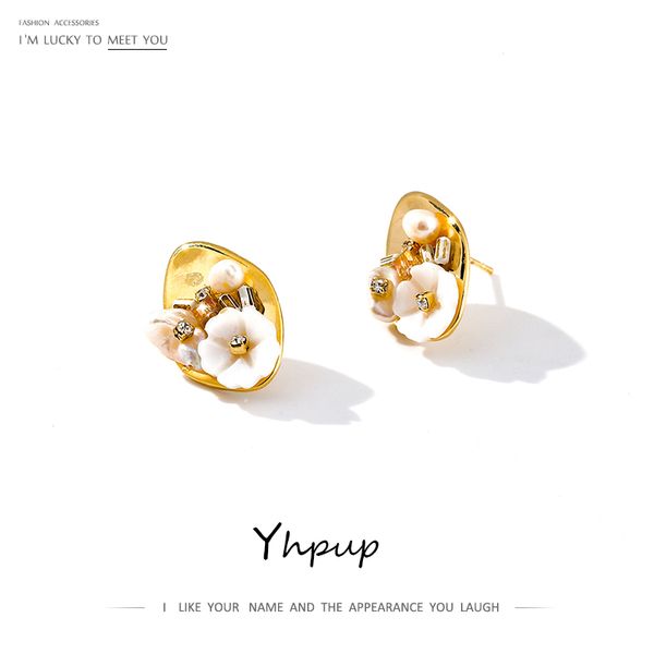 

yhpup stud earrings exquisite natural pearls shell flower earrings tiny 16 k metal brincos boucles d oreille femme 2020 s925 pin, Golden;silver