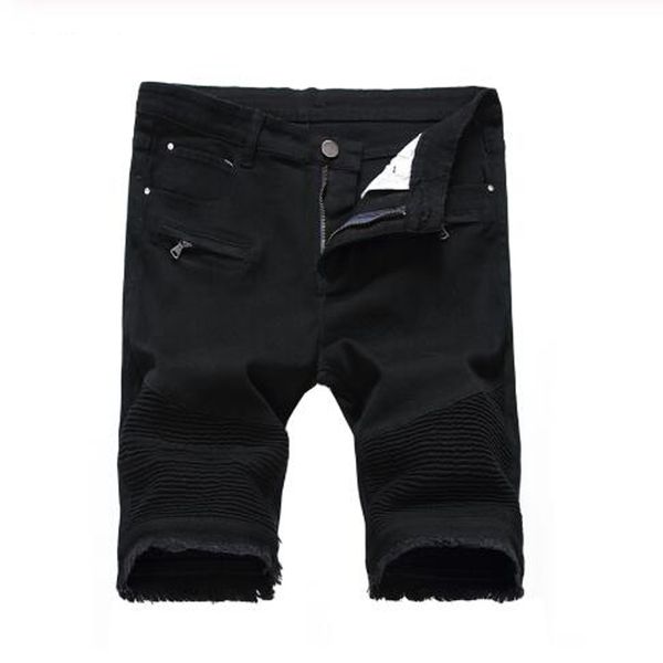 

new men's male fashion casual summer slim stretch denim biker shorts plus size pleated patchwork fringe jeans black white red, Blue