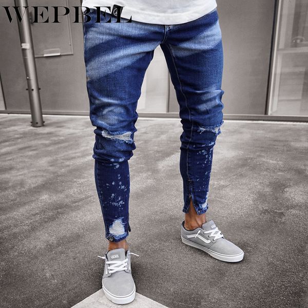 

wepbel street fashion hiphop men knee hole stretch denim pants ripped beggars punk gothic skinny bottom zipper biker jeans, Blue