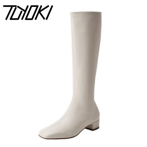 

tuyoki 2021 new fashion knee high boots square toe low heel zipper shoes party solid color simple ladies footwear size 34-39, Black