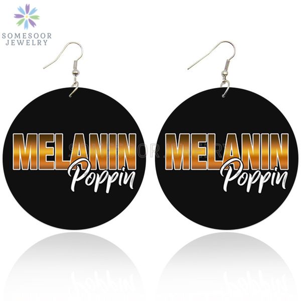 

somesoor melanin poppin african black wood drop earrings afro power saying words design both sides print jewelry for women gift, Silver
