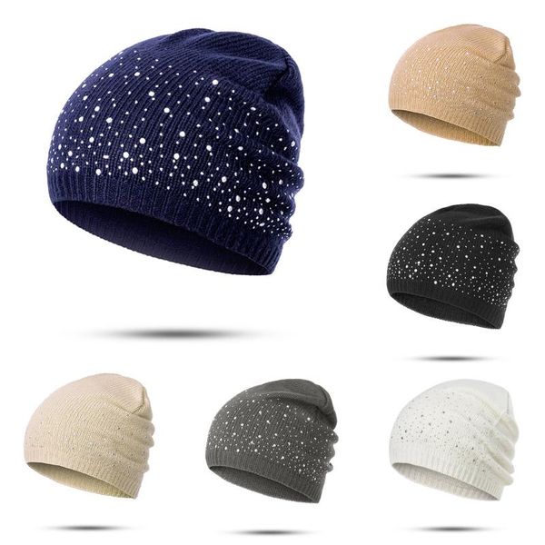 

truenjoy winter autumn beanie hats women soft knitting beanies hat female fashion rhinestone cotton hat cap knit skullies hats, Blue;gray