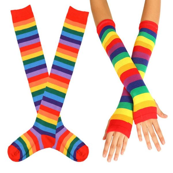 

slim anti slip soft cotton blend long gloves women stockings set elastic casual cosplay over knee striped party rainbow fashion, Blue;gray