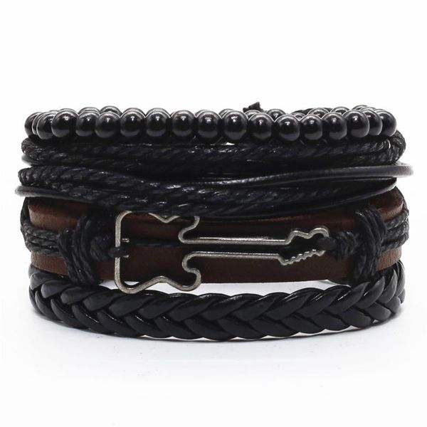 

tennis black braided combination guitar feather infinity wing cross beads wrap leather men bracelets set bangle male jewelry fashion, Golden;silver