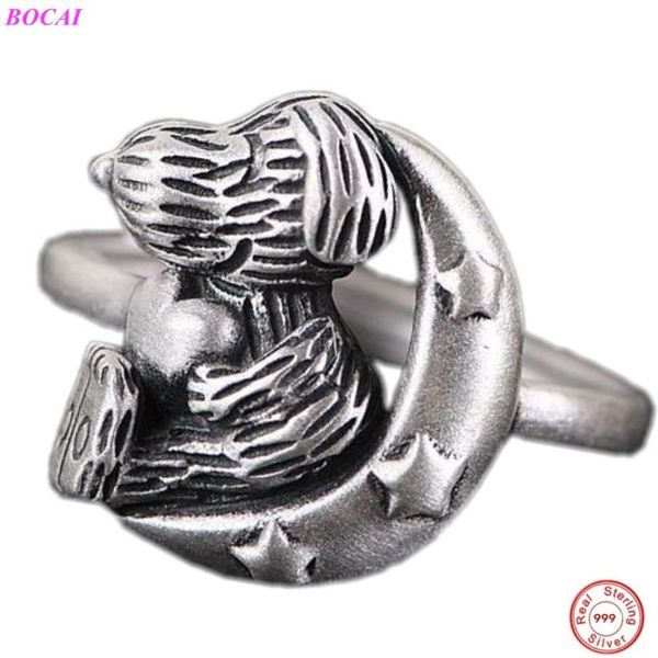 

bocai s990 sterling silver rings for women retro thai silver craft ring women's fashion cartoon moon star temperament ring, Golden;silver