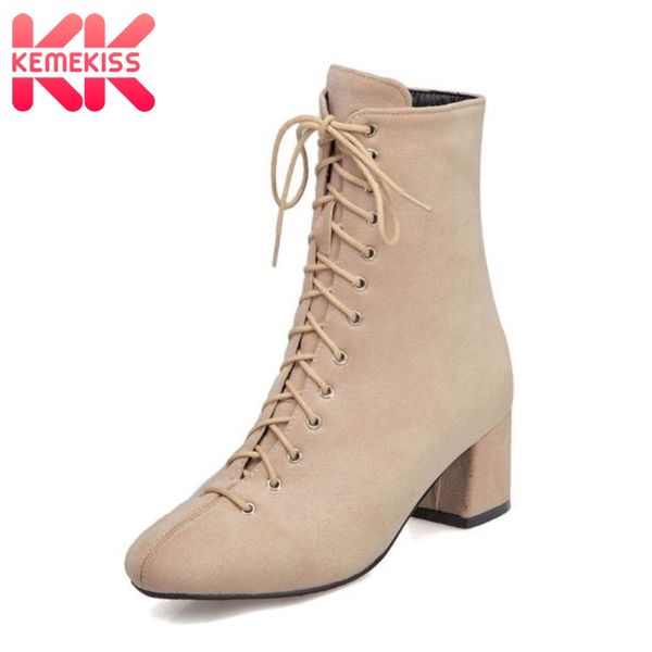 

kemekiss women ankle boots flock round toe low heel shoes lace up zipper fashion outdoor elegant shoes footwear size 34-45, Black