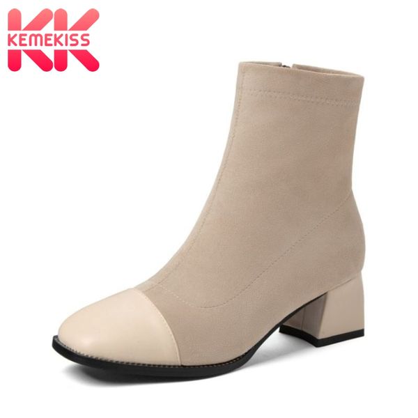 

boots taoffen size 33-43 women ankle thick heel zipper flock shoes square toe winter warm fashion lady office footwear, Black