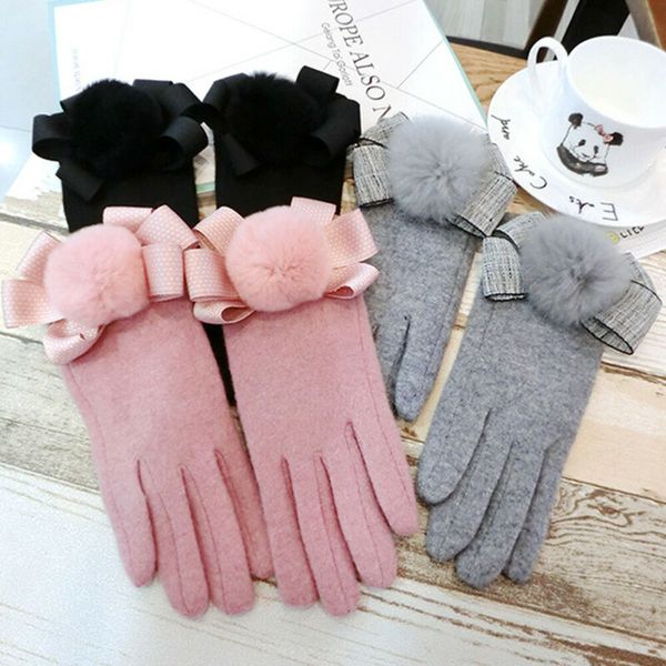 

five fingers gloves creative 3 colors women cute pom warm thermal winter mittens full finger ladies, Blue;gray