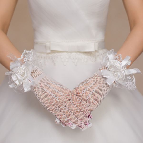 

five fingers gloves beautiful girl red and white gauze flowers short style ceremonial performance finger, Blue;gray