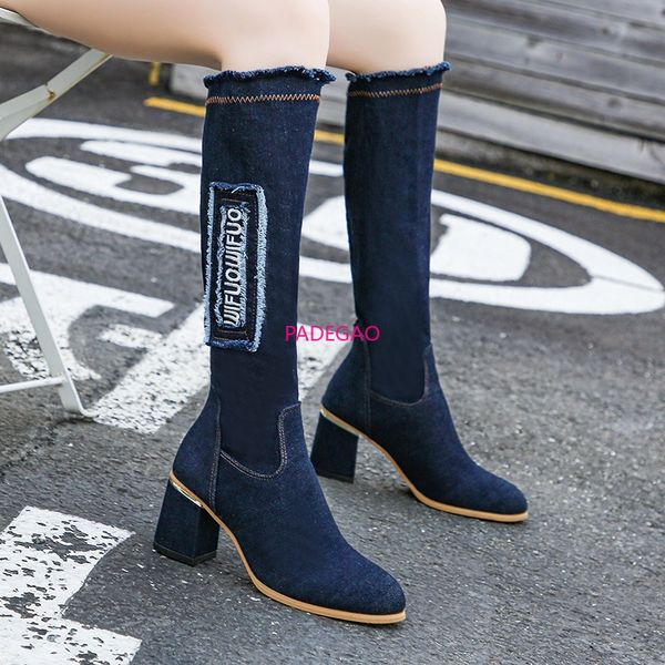 

spring autumn jeans boots women high heels over the knee boots thigh high fashion blue denim ladies shoes, Black