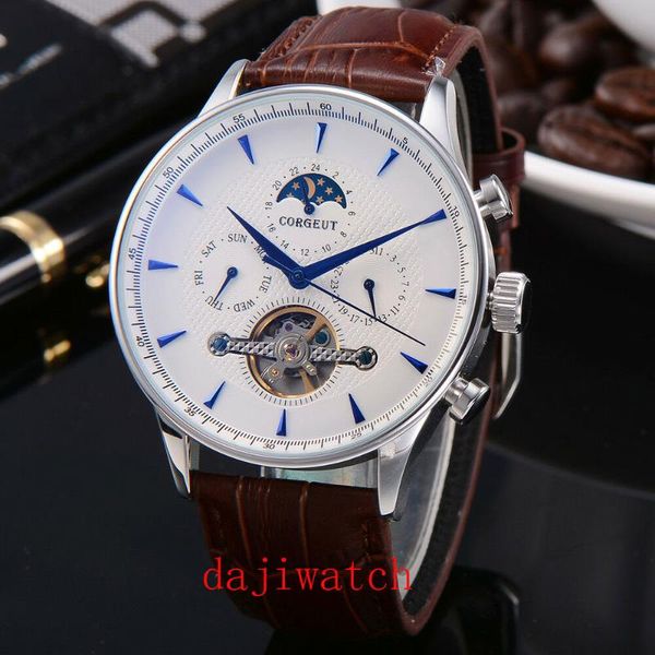 

43mm corgeut white dial blue mark date moon phase automatic men's watch luminous watch leather strap, Slivery;brown