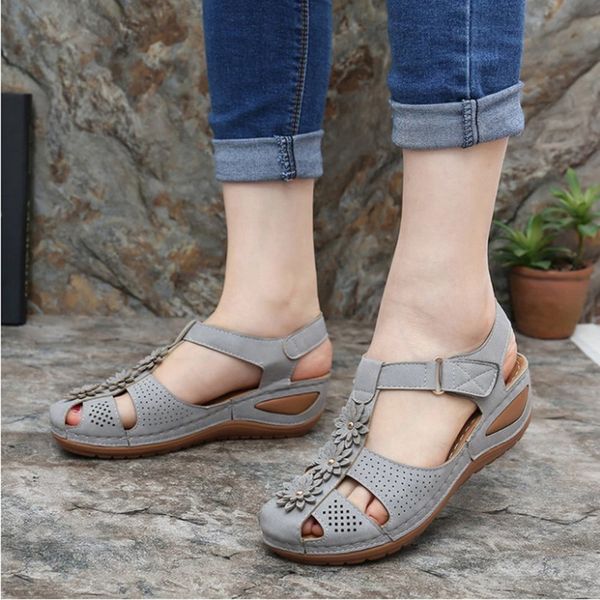 

dress shoes women's sandals ladies appliques wedges female hook loops comfortable hollow out breathable footwear plus size, Black