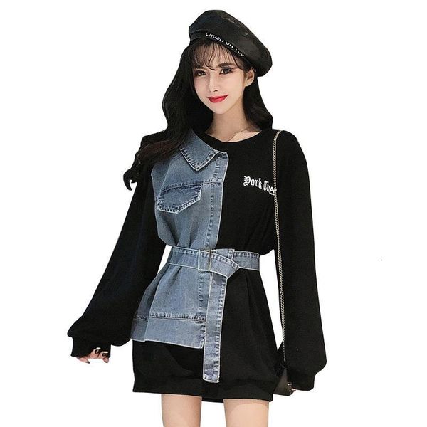 

chic women patchwork denim sweatshirts femme fashion fake two pieces pullovers lady long blouses drop shipping, Black