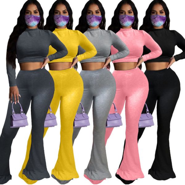 

women tracksuit two pieces set solid color high waist long sleeve big flared pants outfits fashion ladies casual wear plus size new, White