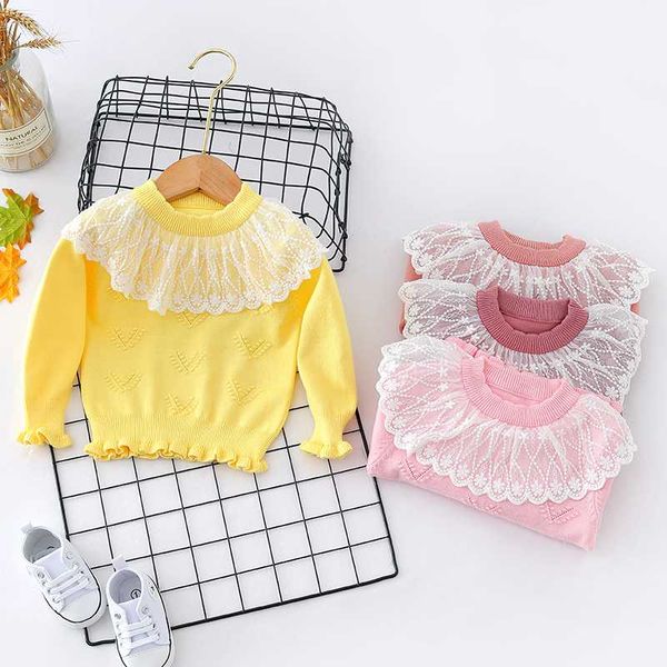 

patpat 2020 new arrival autumn and winter baby toddler girl lace collar ruffled solid knitted sweater kids girls clothes, Blue