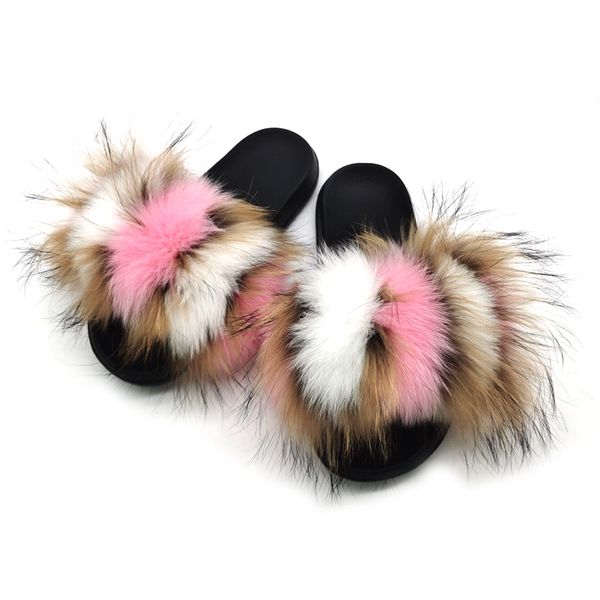 

women rainbow color real fur slippers women slides fluffy slippers furry shoes home flip flops fur slides wholesale, Black
