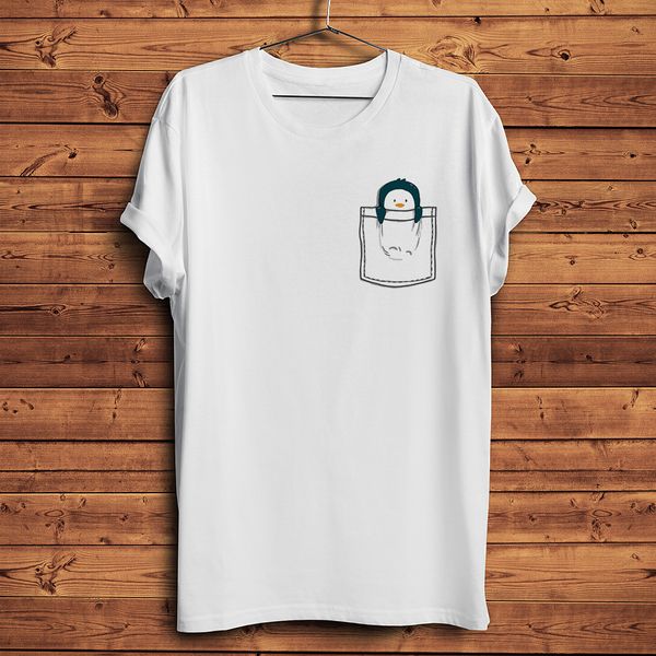 

мило пингвин в кармане смешного tshirt ьоття лето новых короткий рукав рубашка мужчинах белой вскользь тенниска унисекс уличных