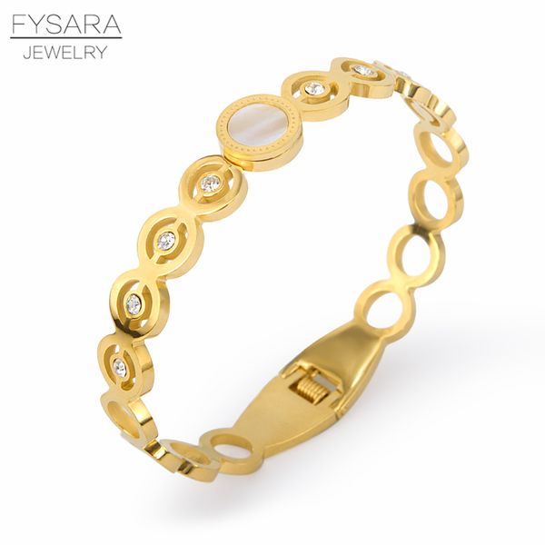 

fysara round crystal cz charm bracelets for women gold color shell bracelets & bangles engagement jewelry wholesale, Black