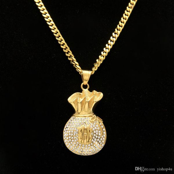 

hip hop necklace gold plated money bag dollar full cz crystal bling bling pendant necklace cuban chain jewelry, Silver