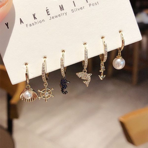 

fashion cute shell seahorse pearl earrings set fashion ocean style dangle gold hoop earrings for women korean jewelry 2020, Golden;silver