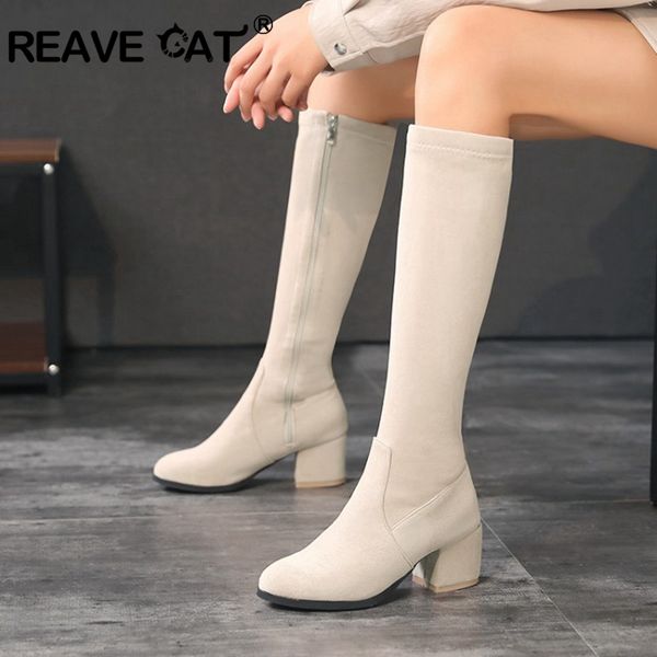 

reavecat autumn winter knee-high boots round toe 6cm block heel flock zipper solid big size 34-48 apricot black daily work a3192