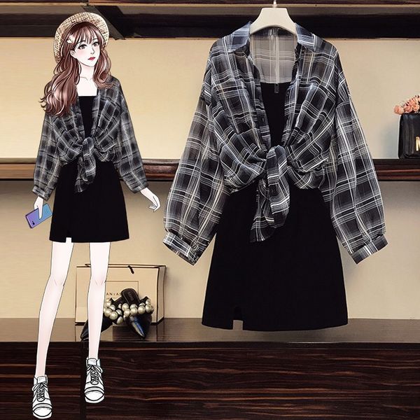 

two-piece sling short skirt black dress new autumn plaid shirt jacket plus size women's slim dress suit dresses for women, Black;gray