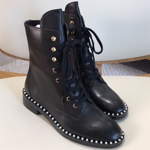 

pearl black boots spring autumn winter brand designer leather square heels womens shoes vintage ankle lace-up boots