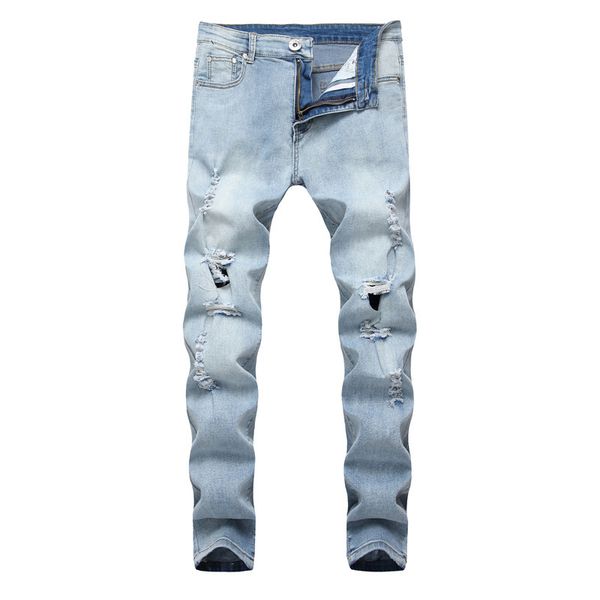 

men's jeans high street big hole skinny slim youth fashion denim pants, Blue