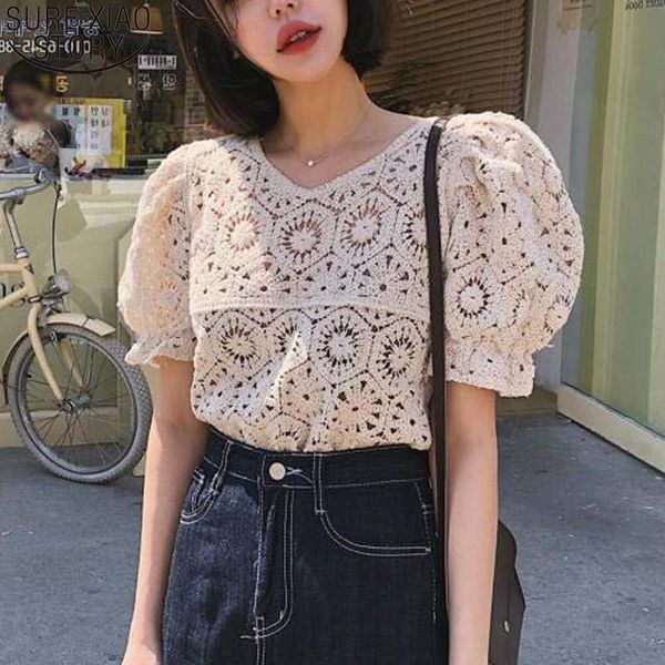 

women hollow out blouse white pullover lace shirts women blusas 2020 summer womens clothing floral puff sleeve blouses 9684