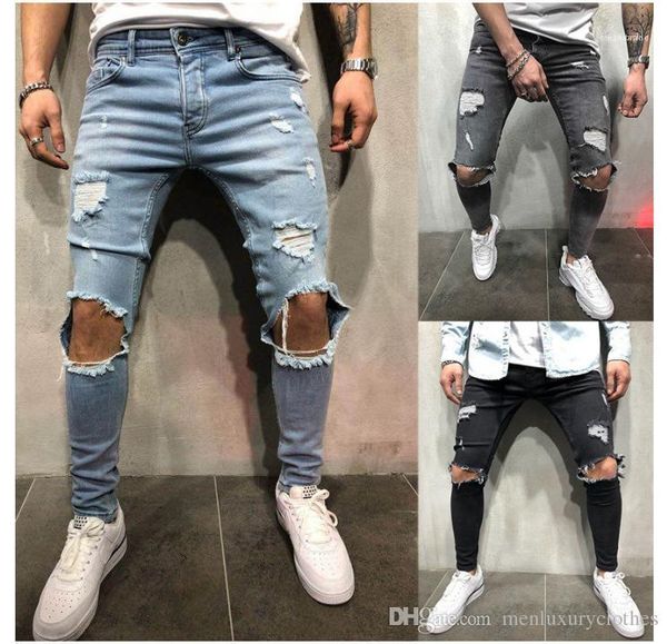 

trousers blue grey black slim fit ripped biker jeans knee holes designer men jeans long
