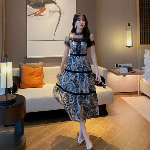 

2020 summer new long skirt chiffon lace stitching waist big skirt big skirtlace skirtslimming elegant large swing dress 4043 klqhd, Black;gray