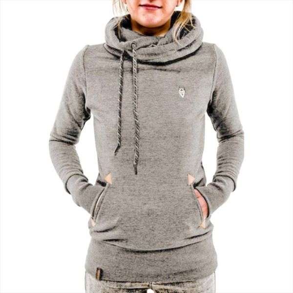 

autumn winter scarf collar hoodies women long sleeved pullovers hoodies female solid casual gray hooded sweatshirt female, Black