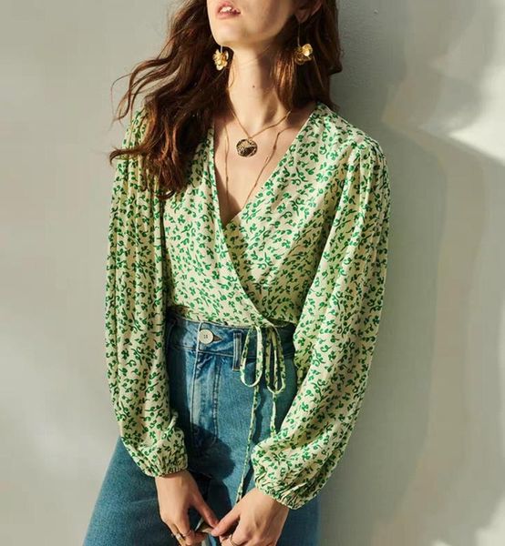 

women shirt printed v-neck puff sleeve lace-up slim lady wrap shirt 2020 spring summer new, White