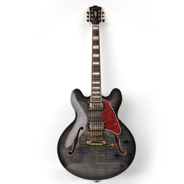 

good quality jazz electric guitar hollow body f hole black flame maple