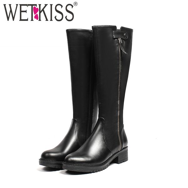 

wetkiss thick heels riding women boots round toe zip footwear motorcycle female boot leather platform shoes woman winter 2020, Black